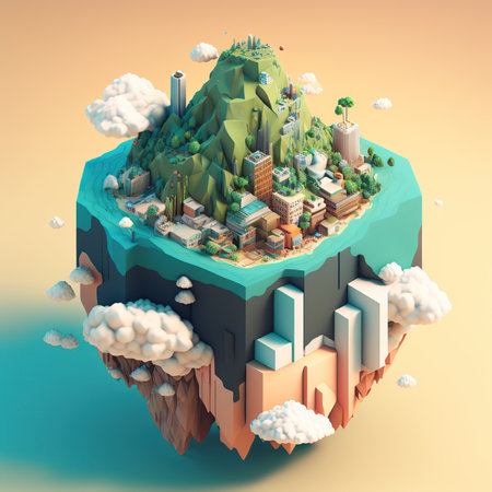 Building in environmental city on floating rock. Generative AI illustration.の素材