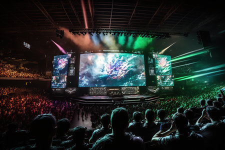 Intense Gaming Battles at the Arena. Generative AI illustration.の素材