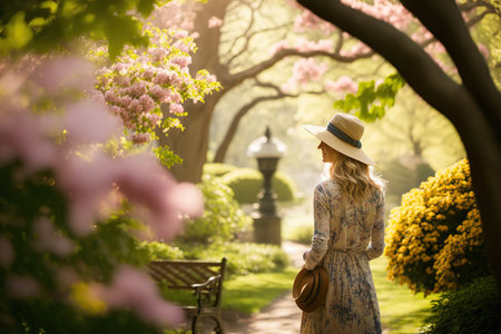 Woman admiring the stunning beauty of a spring park. Generative AI illustration.の素材