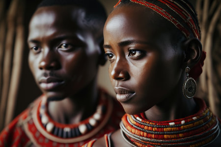 Maasai Indigenous Couple in Traditional Clothing from Kenya and Tanzania. Generative AI illustration.の素材