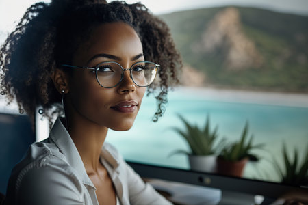 Successful African American Businesswoman Consultant Working in Office. Generative AI illustration.の素材