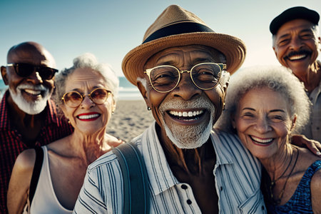 multiethnic seniors soaking up beach life. Generative AI illustration.の素材