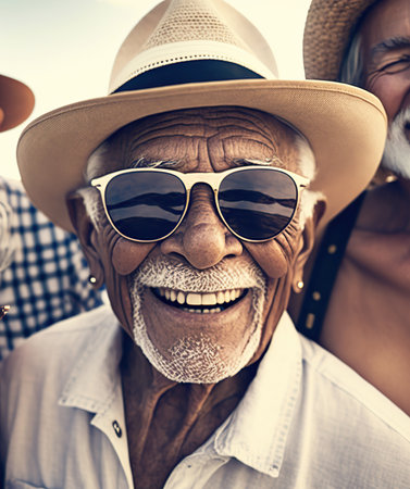 Golden years. Latin american seniors savoring life's pleasures. Generative AI illustration.の素材