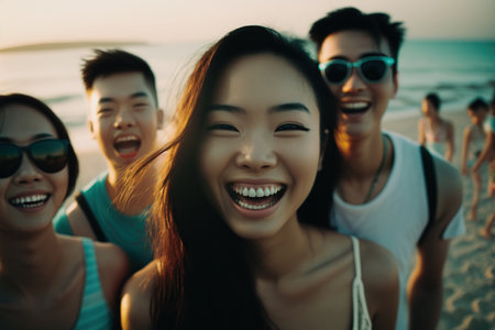 Asian Young Adults Having Fun on the Beach. Generative AI illustration.の素材