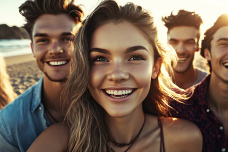 Fun in the sun: Caucasian youth enjoying beach vacations. Generative AI illustration.の素材