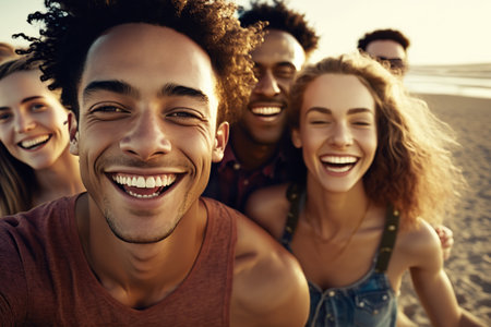 Fun in the sun: multiethnic youth enjoying beach vacations. Generative AI illustration.の素材