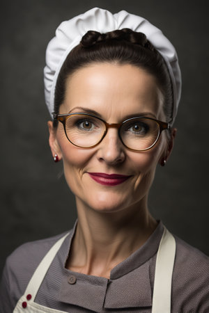 Portrait of female baker looking at camera. Generative AI illustration.の素材