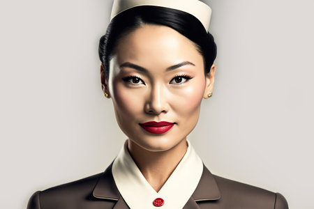 Portrait of asian stewardess looking at camera. Generative AI illustration.の素材