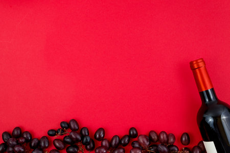 Fresh ripe juicy grapes and bottle of wine on red background. zenith view.の写真素材