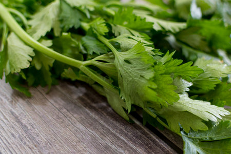 Close up fresh celery on old wooden background. Select focus. Soft focus. Copy textspace.の写真素材