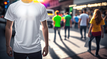 Young male model wearing a plain white t-shirt, at street. Generative AI illustration.の素材