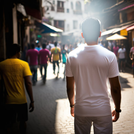 Young male model wearing a plain white t-shirt, at street. Generative AI illustration.の素材