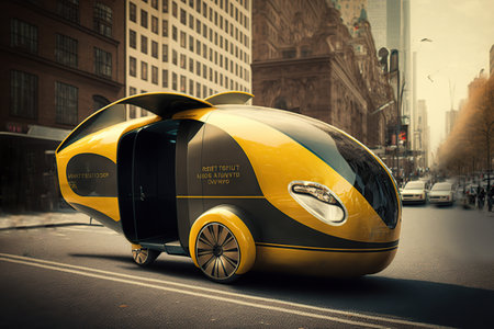 Future of urban autonomous mobility, city taxi, cab, car, AV, Public transportation. Generative AI.の素材