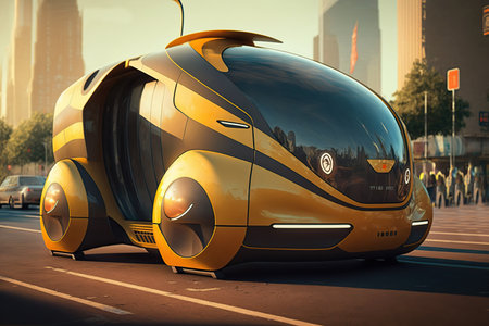 Future of urban autonomous mobility, AV city taxi, car, Public transportation. Generative AI.の素材