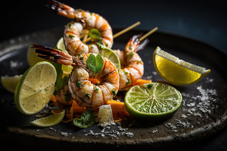 Close up of grilled prawns on skewer. Professional food. Generative AI illustration.の素材