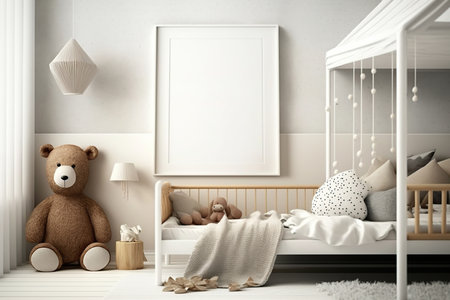 Mockup poster frame in children's bedroom. Generative AI illustration.の素材