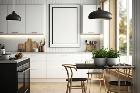 Mockup poster frame in modern interior kitchen. Generative AI illustration.の素材