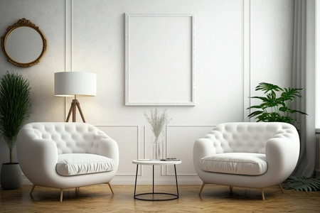 Mockup poster frame in modern interior living room. Generative AI illustration.の素材