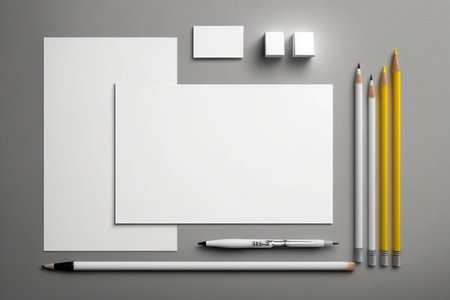 White sheet of blank paper, mockup, flat lay. Generative AI illustration.の素材