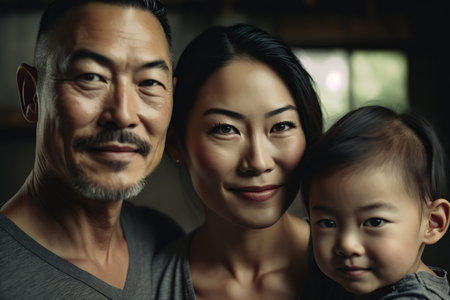 Celebrating life milestones with a young Asian family. Generative AI illustration.の素材
