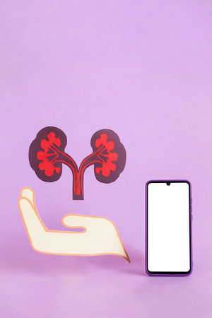 Hand holding kidney figure and smart phone with blank screen.の写真素材