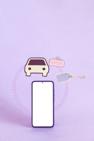 Paper cut Car rental icon isolated on purple background.の写真素材