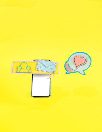 Smart phone with floating chat bubbles, trendy social media chat app.の写真素材