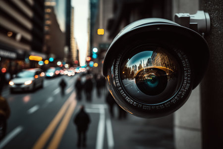 A security camera monitoring activity on a city street. Generative AI illustration.の素材