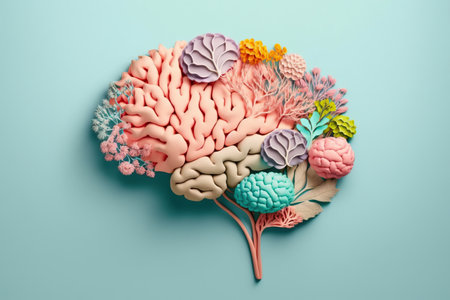 Flower model of human brain anatomy on pastel background. Generative AI illustration.の素材