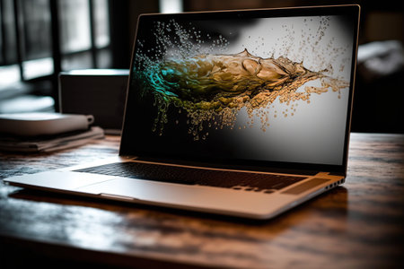Modern laptop computer on wooden desk. Generative AI illustration.の素材