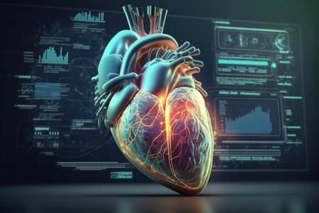 Digital x-ray of human heart holographic scan. Generative AI illustration.の素材