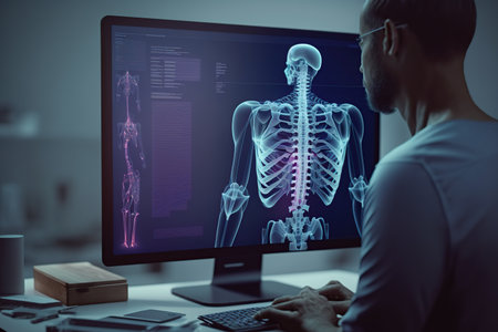 Digital screen with the projection of a human body hologram. Generative AI illustration.の素材