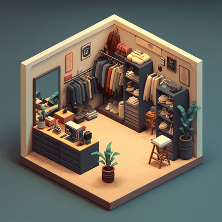 Isometric clothes shop, 3D style. Generative AI illustration.の素材