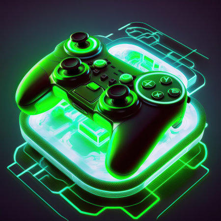 Futuristic joystick laser neon beams. Generative AI illustration.の素材