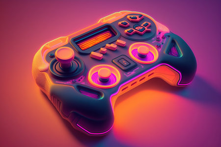 Futuristic joystick controller, neon light. Generative AI illustration.の素材