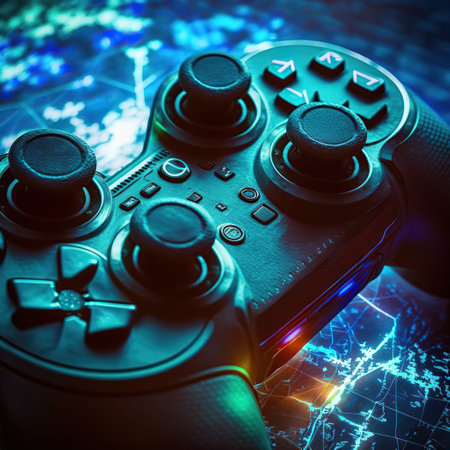 Online video game console joystick play station. Generative AI illustration.の素材