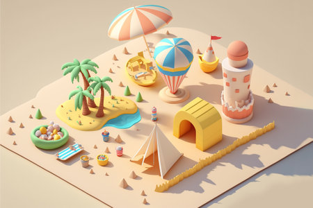 Summer beach stunning 3D isometric style. Generative AI illustration.の素材
