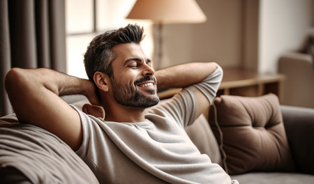 Dreaming and relaxing on sofa at home. Generative AI illustration.の素材