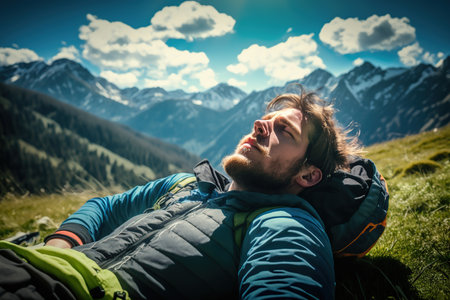 Hiker resting lying on the grass in a valley of a high mountain. Generative AI illustration.の素材