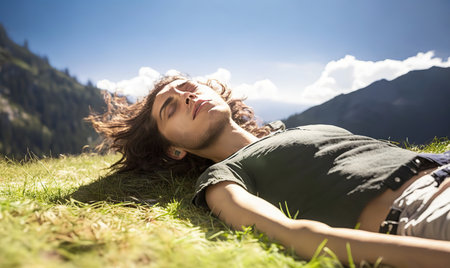 Hiker resting lying on the grass in a valley of a high mountain. Generative AI illustration.の素材