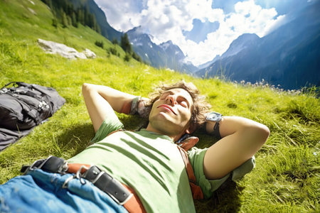 Hiker resting lying on the grass in a valley of a high mountain. Generative AI illustration.の素材
