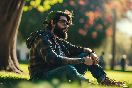 Young man resting on grass at park in spring. Generative AI illustration.の素材