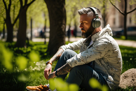 Relaxed man meditating listening audio guide with headphones in nature. Generative AI illustration.の素材