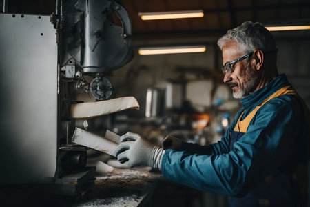 Worker cuts metal profile pipe on a band saw. Generative AI illustration.の素材