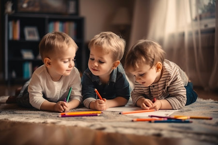 Three little brothers painting in living room. Generative AI illustration.の素材