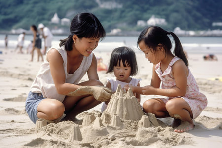 Asian girls sisters or friends building sand castle on the beach. Generative AI illustration.の素材