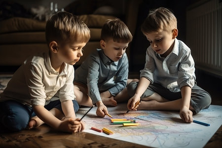 Three little brothers painting in living room. Generative AI illustration.の素材