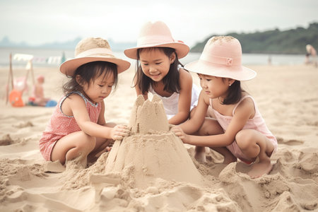 Asian girls sisters or friends building sand castle on the beach. Generative AI illustration.の素材