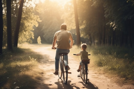 Young father with his little boy riding his bike in the park. Generative AI illustration.の素材