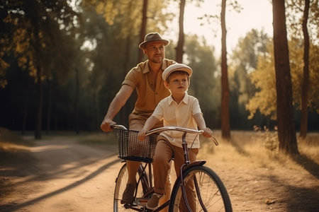 Young father with his little boy riding his bike in the park. Generative AI illustration.の素材